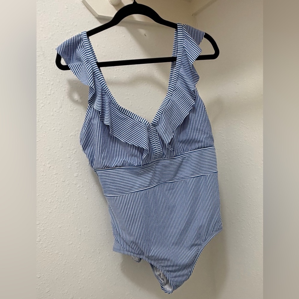 Time and Tru Blue Striped One Piece Swimsuit 1X